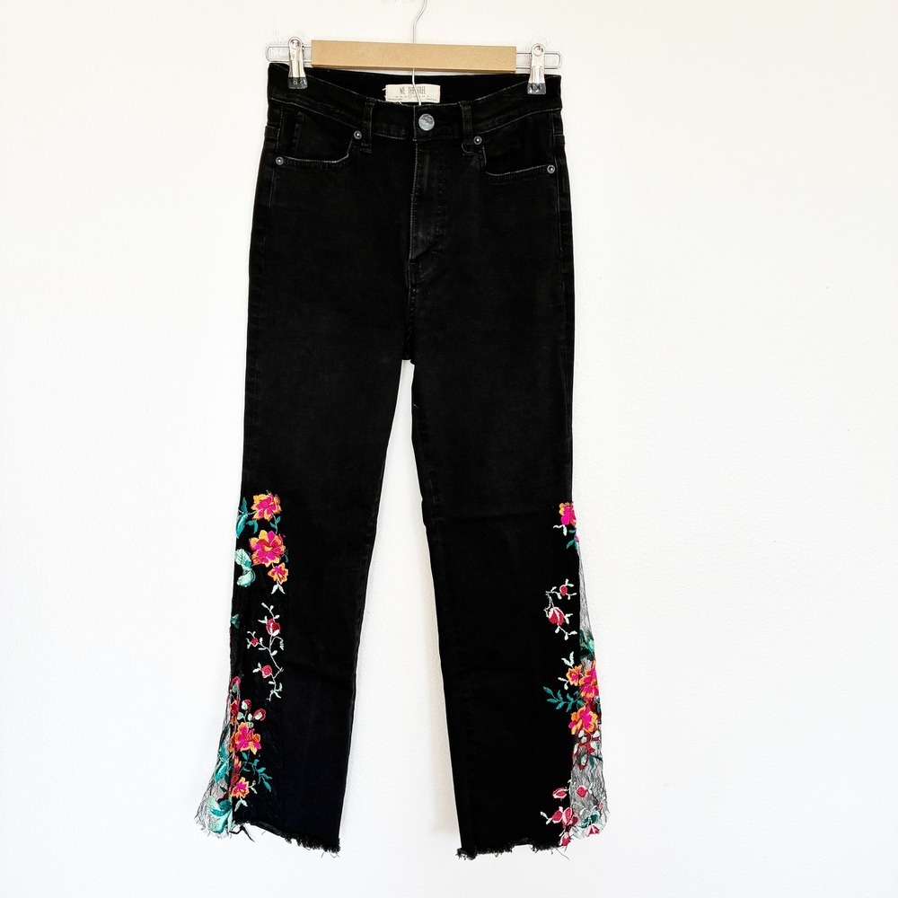 We The Free People Embroidered Lace Flare Jeans Womens 27 Black Floral Boho Crop